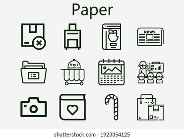 Premium set of paper [S] icons. Simple paper icon pack. Stroke vector illustration on a white background. Modern outline style icons collection of Food cart, Candy cane, Newspaper, Book