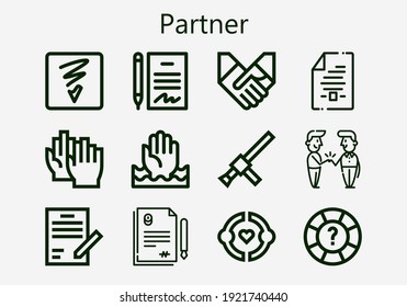 Premium-Set von Partnersymbolen. Einfache Partner Icon Pack. Schlagt Vektorgrafik auf weißem Hintergrund. Moderne Symbole im Stilstil Sammlung Freundschaft, Hilfe, Fotoshop-Skizze, Schoß