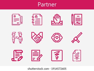 Premium-Set von Partnerlinien-Symbolen. Einfache Partner Icon Pack. Schlagt Vektorgrafik auf weißem Hintergrund. Moderne Symbole im Stilstil Sammlung Freundschaft, Hilfe, Fotoshop-Skizze, Baton