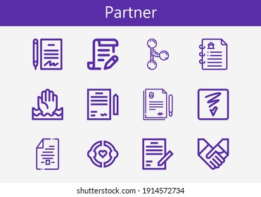 Premium-Set von Partnerlinien-Symbolen. Einfache Partner Icon Pack. Schlagt Vektorgrafik auf weißem Hintergrund. Moderne Symbole im Stilstil Sammlung Freundschaft, Hilfe, Fotoshop-Skizze, Vertrag