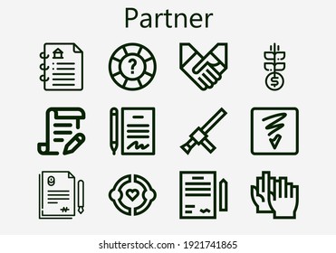 Premium-Set von Partnersymbolen [S]. Einfache Partner Icon Pack. Schlagt Vektorgrafik auf weißem Hintergrund. Moderne Symbole im Stilstil Sammlung von Grow, Freundschaft, Hilfe, Fotoshop-Skizze, Schoß