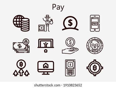 Juego premium de iconos de pago [S]. Paquete de iconos de pago simple. Ilustración vectorial de trazo sobre un fondo blanco. Iconos de estilo de esquema moderno colección de dinero, moneda, banquero, bitcoin, método de pago, Ecommerce