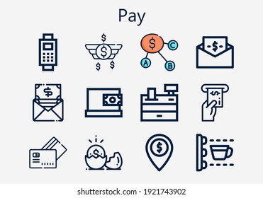 Premium set of pay [S] icons. Simple pay icon pack. Stroke vector illustration on a white background. Modern outline style icons collection of Money, Payment, Dollar, Online payment, Cash register