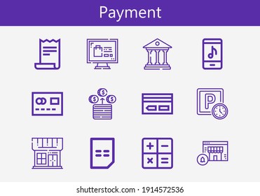 Premium-Set von Zahlungslinien-Symbolen. Einfaches Paket mit dem Zahlungssymbol. Schlagt Vektorgrafik auf weißem Hintergrund. Moderne Symbole im Stile von Money, Shop, Receipt, Bank, Online-Shop