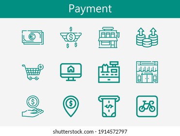 Premium set of payment line icons. Simple payment icon pack. Stroke vector illustration on a white background. Modern outline style icons collection of Money, Shop, Coin, Shopping cart, Online shop