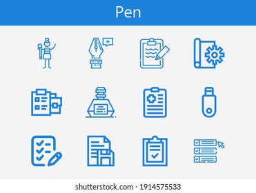 Premium set of pen line icons. Simple pen icon pack. Stroke vector illustration on a white background. Modern outline style icons collection of Graphic designer, Anchor point, Notepad, Inkwell