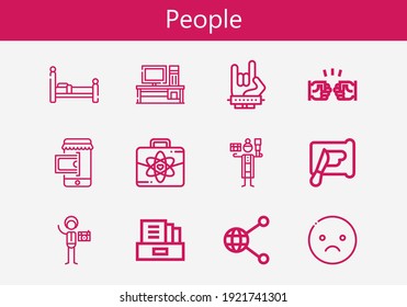 Premium set of people line icons. Simple people icon pack. Stroke vector illustration on a white background. Modern outline style icons collection of Bed, Photography, Literature, Fist, Spreading
