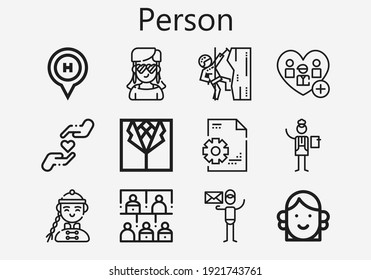 Premium set of person [S] icons. Simple person icon pack. Stroke vector illustration on a white background. Modern outline style icons collection of Graphic designer, Add, Audience, Climbing