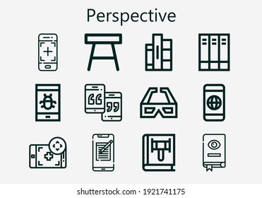 Premium set of perspective icons. Simple perspective icon pack. Stroke vector illustration on a white background. Modern outline style icons collection of Table, Book, 3d glasses, Books