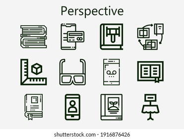 Premium set of perspective [S] icons. Simple perspective icon pack. Stroke vector illustration on a white background. Modern outline style icons collection of Table, Cube, Book, Phone, 3d glasses