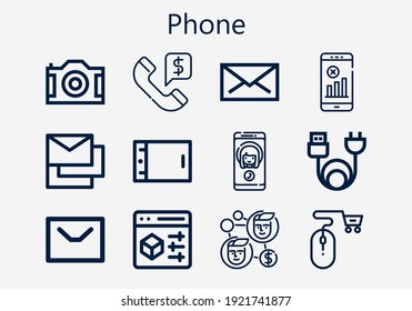 Premium set of phone [S] icons. Simple phone icon pack. Stroke vector illustration on a white background. Modern outline style icons collection of Call, Mail, Messages, Message, Online shop, Charge
