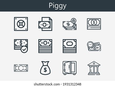 Premium set of piggy line icons. Simple piggy icon pack. Stroke vector illustration on a white background. Modern outline style icons collection of Money, Bank, Safebox