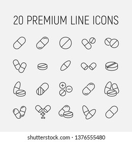 Premium set of pills line icons. Simple pictograms pack. Stroke vector illustration on a white background. Modern outline style icons collection