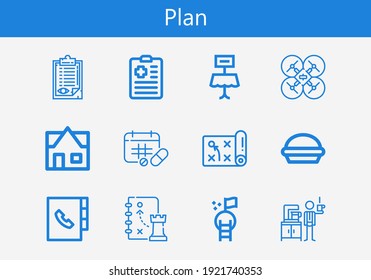Juego premium de iconos de línea de plan. Paquete de iconos de plan simple. Ilustración vectorial de trazo sobre un fondo blanco. Moderna colección de iconos de estilo de esquema de Goal, Table, Schedule, Strategy, Agenda, Clipboard