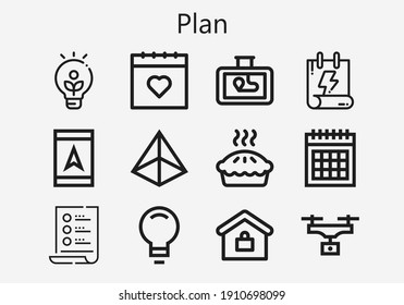 Premium set of plan [S] icons. Simple plan icon pack. Stroke vector illustration on a white background. Modern outline style icons collection of Pyramid, Idea, Calendar, List, Drone, Gps