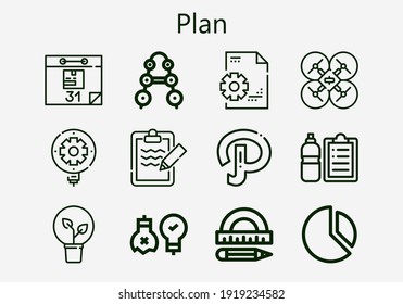 Premium set of plan [S] icons. Simple plan icon pack. Stroke vector illustration on a white background. Modern outline style icons collection of Path, Barbell, Idea, Calendar, Check list, Protractor
