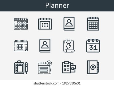 Juego premium de iconos de línea de planificador. Paquete de iconos simple del planificador. Ilustración vectorial de trazo sobre un fondo blanco. Colección de iconos modernos de estilo de contorno de Bloc de notas, Calendario