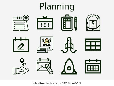 Premium set of planning [S] icons. Simple planning icon pack. Stroke vector illustration on a white background. Modern outline style icons collection of Calendar, Schedule, Brainstorm, Startup