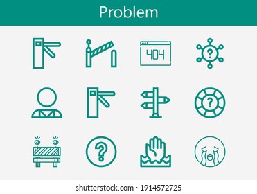 Juego premium de iconos de línea de problemas. Paquete de iconos de problemas simple. Ilustración vectorial de trazo sobre un fondo blanco. Colección de iconos de estilo de contorno moderno de Ayuda, Access, 404, Signpost, Psicólogo
