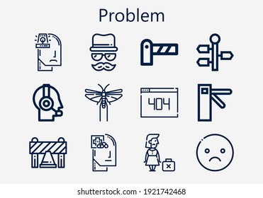 Conjunto premium de iconos de problemas [S]. Paquete de iconos de problemas simple. Ilustración vectorial de trazo sobre un fondo blanco. Conjuntos de iconos de estilo de contorno moderno de disfraz, Health, Sad, Signpost, 404