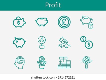 Premium set of profit line icons. Simple profit icon pack. Stroke vector illustration on a white background. Modern outline style icons collection of Money tree, Growth, Coins, Piggy bank, Pound