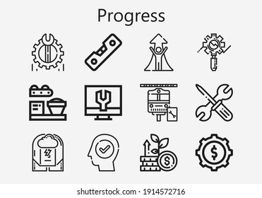 Conjunto de iconos de progreso [S] premium. Paquete de iconos de progreso simple. Ilustración vectorial de trazo sobre un fondo blanco. Conjuntos de iconos de estilo de contorno moderno de CogWheel, Growth, Stats, Loader, Level