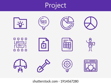 Premium set of project line icons. Simple project icon pack. Stroke vector illustration on a white background. Modern outline style icons collection of Brainstorming, Sitemap, Shovel, Idea