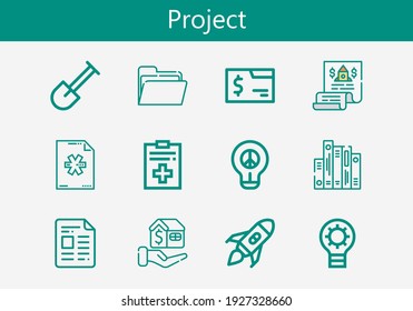 Conjunto premium de iconos de línea de proyecto. Paquete de iconos de proyecto simple. Ilustración vectorial de trazo sobre un fondo blanco. Moderna colección de iconos de estilo de contorno de Shovel, lanzamiento de cohete, Idea