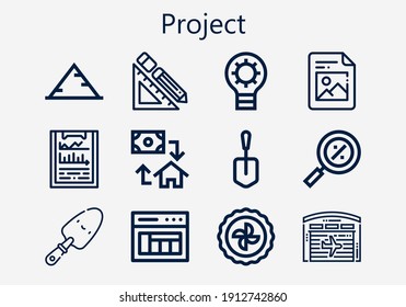 Premium set of project [S] icons. Simple project icon pack. Stroke vector illustration on a white background. Modern outline style icons collection of Pyramid, Shovel, Hangar, Idea, Mortgage