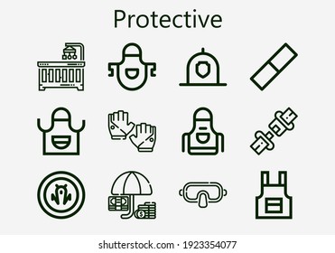 Premium set of protective [S] icons. Simple protective icon pack. Stroke vector illustration on a white background. Modern outline style icons collection of Seat belt, Helmet, Gloves, Shield