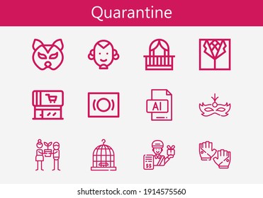 Premium set of quarantine line icons. Simple quarantine icon pack. Stroke vector illustration on a white background. Modern outline style icons collection of Cage, Gloves, Balcony, Illustrator