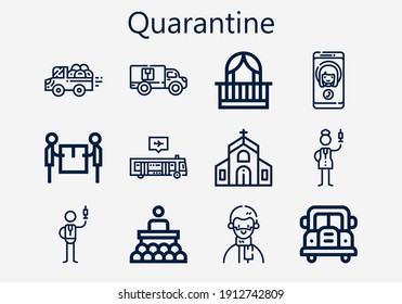 Premium set of quarantine [S] icons. Simple quarantine icon pack. Stroke vector illustration on a white background. Modern outline style icons collection of Bus, Call, Church, Balcony, Pick up