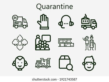 Premium set of quarantine [S] icons. Simple quarantine icon pack. Stroke vector illustration on a white background. Modern outline style icons collection of Gloves, Suit, Delivery, Man