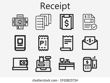 Premium-Quittungssatz [S]-Symbole. Einfache Quittsymbol-Packung. Schlagt Vektorgrafik auf weißem Hintergrund. Moderne Symbole für den Umriss der Rechnungsstellung, Online-Banking, Empfang, Online-Zahlung