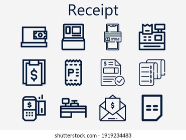 Premium-Quittungssatz [S]-Symbole. Einfache Quittsymbol-Packung. Schlagt Vektorgrafik auf weißem Hintergrund. Moderne Symbolsammlung im Umriss von Rechnungen, Online-Zahlung, Cash-Register, Bill