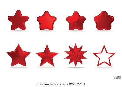 Premium Set of red 3d stars icons for apps, products, websites, and mobile applications. Cute cartoon red stars quality rating isolated on white background. 3D vector illustration.