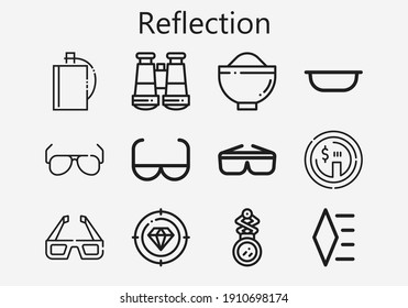 Premium set of reflection [S] icons. Simple reflection icon pack. Stroke vector illustration on a white background. Modern outline style icons collection of Dollar, 3d glasses, Binoculars, Sun glasses