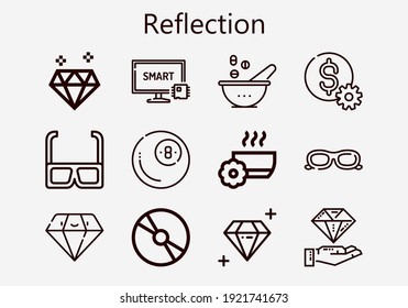 Premium set of reflection [S] icons. Simple reflection icon pack. Stroke vector illustration on a white background. Modern outline style icons collection of Cd, Smart tv, Dollar, 3d glasses, Diamond