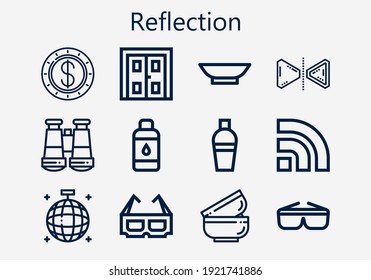 Premium set of reflection [S] icons. Simple reflection icon pack. Stroke vector illustration on a white background. Modern outline style icons collection of Double door, Rss, Dollar, Reflect