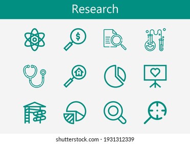 Premium set of research line icons. Simple research icon pack. Stroke vector illustration on a white background. Modern outline style icons collection of Magnifying glass, Chemistry