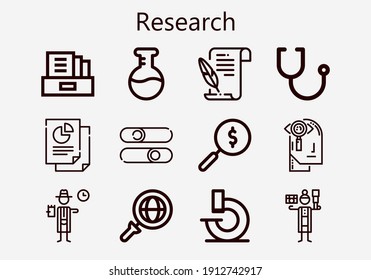 Premium set of research [S] icons. Simple research icon pack. Stroke vector illustration on a white background. Modern outline style icons collection of Microscope, Literature, Sliders, Stethoscope