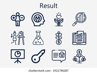 Juego premium de iconos de resultados. Paquete de iconos de resultado simple. Ilustración vectorial de trazo sobre un fondo blanco. Iconos de estilo de contorno moderno colección de Grow, Keyword, Growth, Satisfaction, análisis de sangre