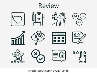 Premium set of review [S] icons. Simple review icon pack. Stroke vector illustration on a white background. Modern outline style icons collection of Precognition, Rate, Rating, Satisfaction, Badoo