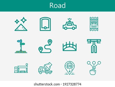 Premium set of road line icons. Simple road icon pack. Stroke vector illustration on a white background. Modern outline style icons collection of Bus ticket, Dust, Choice