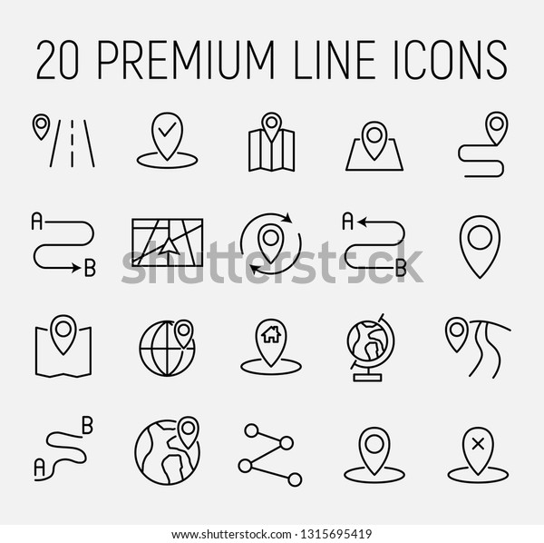 Premium set of route line icons. Simple\
pictograms pack. Stroke vector illustration on a white background.\
Modern outline style icons\
collection.