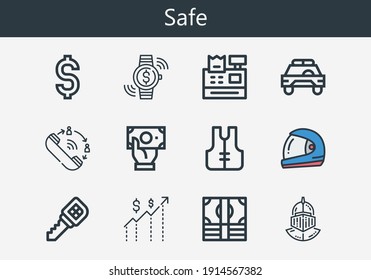 Juego premium de iconos de línea segura. Paquete de iconos simple y seguro. Ilustración vectorial de trazo sobre un fondo blanco. Iconos de estilo de contorno moderno colección de coches de seguridad, dinero, casco, dólar, caja registradora