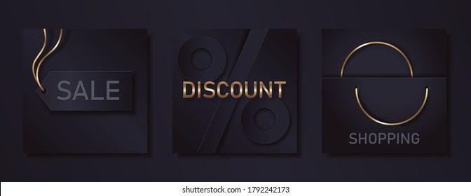 Premium Set With Sale And Discount Cards For Black Friday. Luxury Tag Banner, Golden Discount With Percent And Premium Shopping Bag On Black Background