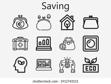 Premium set of saving [S] icons. Simple saving icon pack. Stroke vector illustration on a white background. Modern outline style icons collection of Eco, Purse, First aid, Dimmer, Profits, Profit