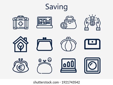 Premium set of saving [S] icons. Simple saving icon pack. Stroke vector illustration on a white background. Modern outline style icons collection of Eco, Purse, First aid, Dimmer, Profits, Profit
