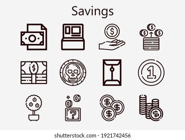 Juego premium de iconos de ahorro [S]. Paquete de iconos de ahorro simple. Ilustración vectorial de trazo sobre un fondo blanco. Moderna colección de iconos de estilo de esquema de moneda, dinero, árbol de dinero, monedas, máquina de efectivo